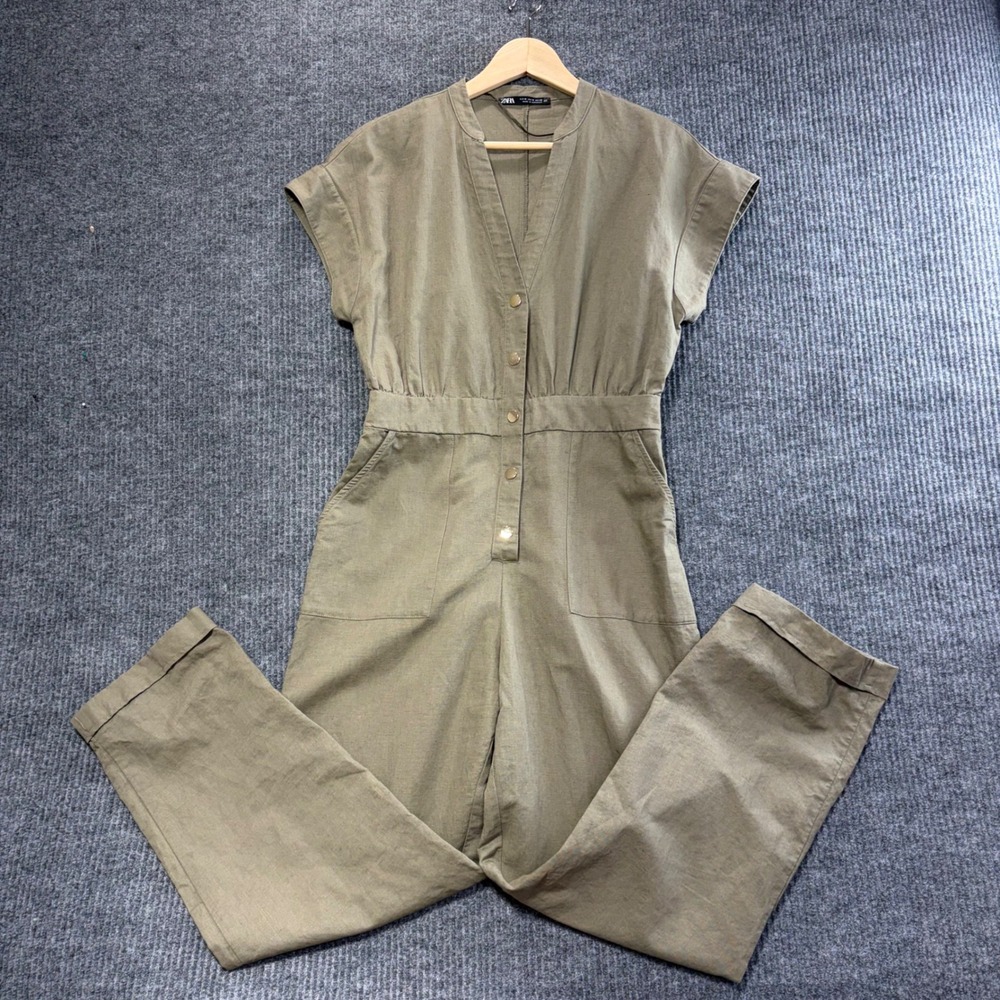 Zara Womens Olive Green Linen Blend Utility Button Front Jumpsuit Size M